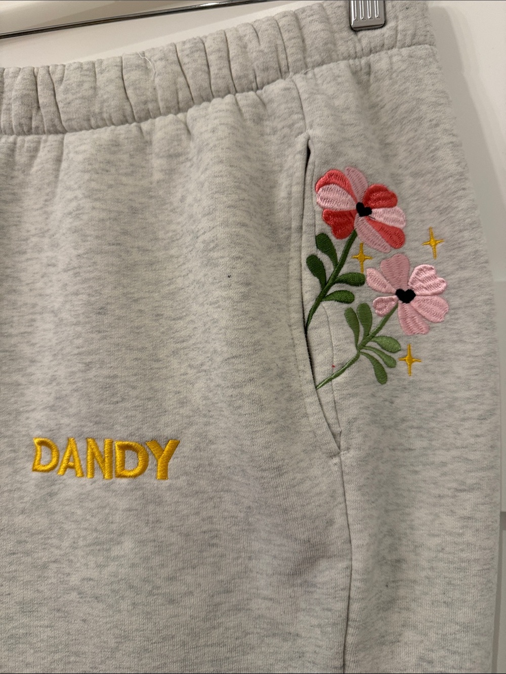 Dandy Worldwide “Gift Giving” Sweatpants Heather Gray Embroidered Flowers
